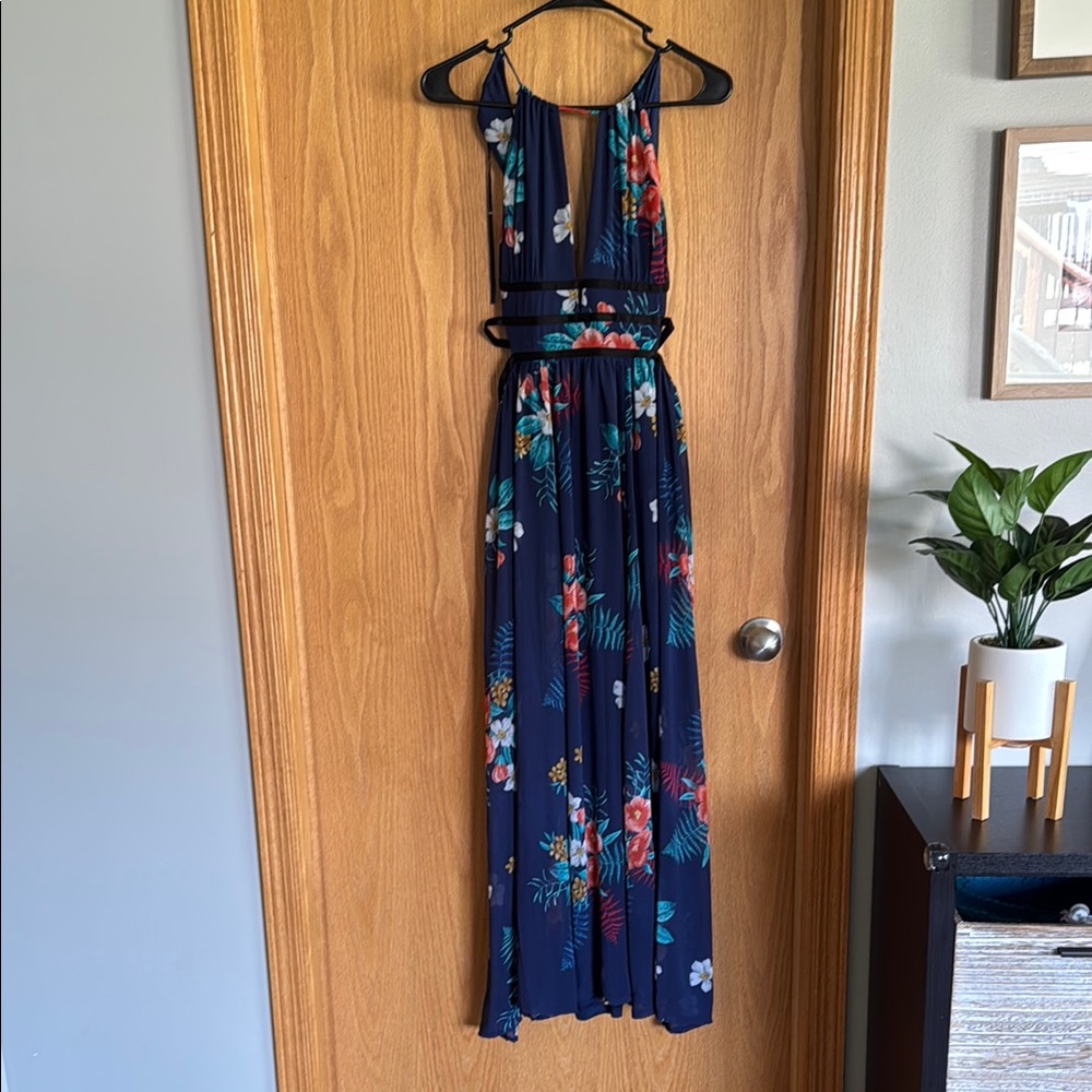Express Floral Navy Side Cut-Out Maxi Dress, sz S